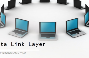 A circle of laptops with open lids facing outward, displaying blue screens, on a white surface with the text “Data Link Layer - A Comprehensive Overview” at the bottom.