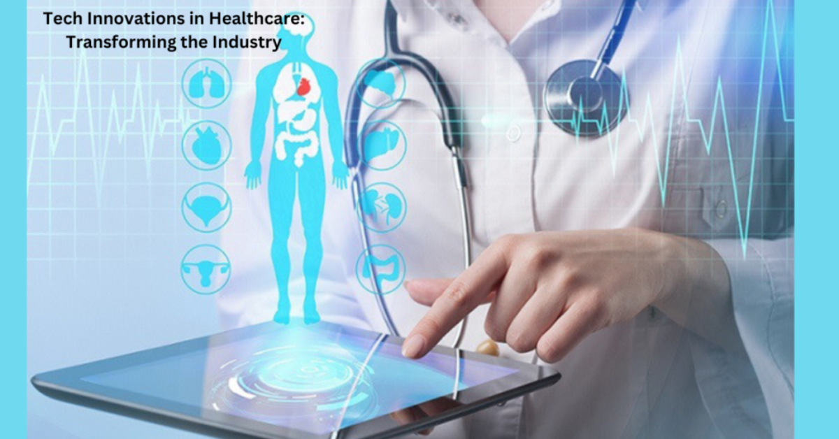 Illustration of a futuristic medical device with text 'Tech Innovations in Healthcare: Transforming the Industry'.