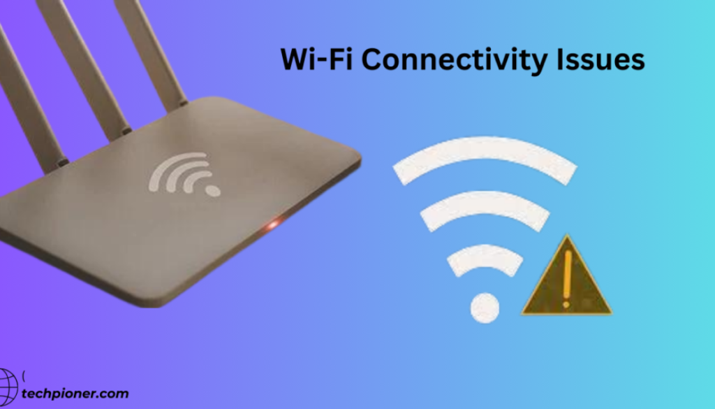Illustration depicting various devices connected to Wi-Fi network with text overlay 'How to troubleshoot Wi-Fi connectivity issues'