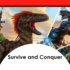 A collage of images from the video game ARK: Survival Evolved, featuring various dinosaurs and a human character with a blurred face holding a weapon.