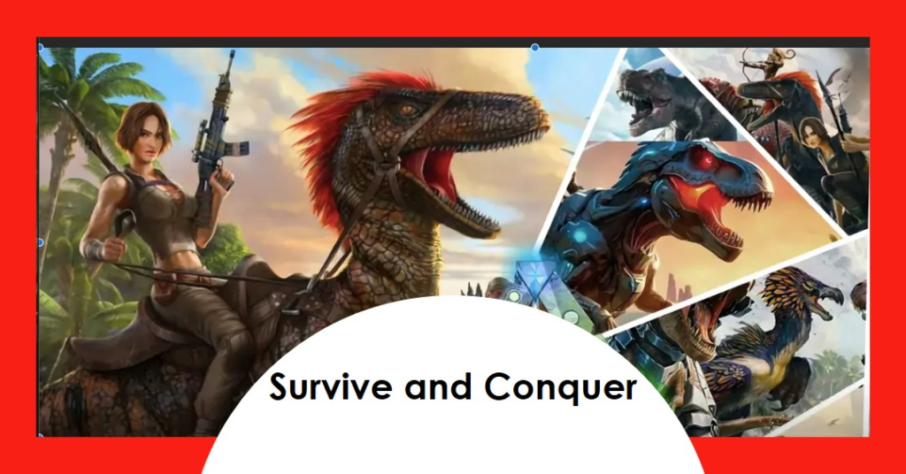 Ark: survival evolved (2017) game icons banners: A Visual Language of Survival and Conquest 8 A collage of images from the video game ARK: Survival Evolved, featuring various dinosaurs and a human character with a blurred face holding a weapon.