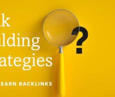 A magnifying glass on a bright yellow background with the text ‘Link Building Strategies’ and a question mark, followed by ‘TIPS TO EARN BACKLINKS.