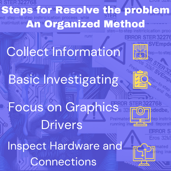 The image appears to be a graphic with a blue and purple color scheme. It features various computer-related icons, including circuit boards, gears, and magnifying glasses. In the center, there’s a large yellow text box with the title “An Organized Method” in bold white letters. Below the title are four steps listed in white text: “Collect Information,” “Basic Investigating,” “Focus on Graphics Drivers,” and “Inspect Hardware and Connections.” Each step has an accompanying icon: a clipboard for collecting information, a magnifying glass for basic investigating, a graphics card for focusing on graphics drivers, and plugs/cables for inspecting hardware and connections. The background contains repeated patterns of error messages like “ERROR 327268,” suggesting that this image may be related to troubleshooting or diagnosing computer issues.