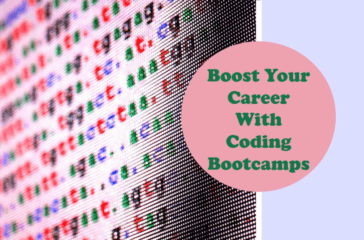 Close-up of a pixelated computer screen displaying text and code, with a pink circle overlay containing the words ‘Boost Your Career With Coding Bootcamps