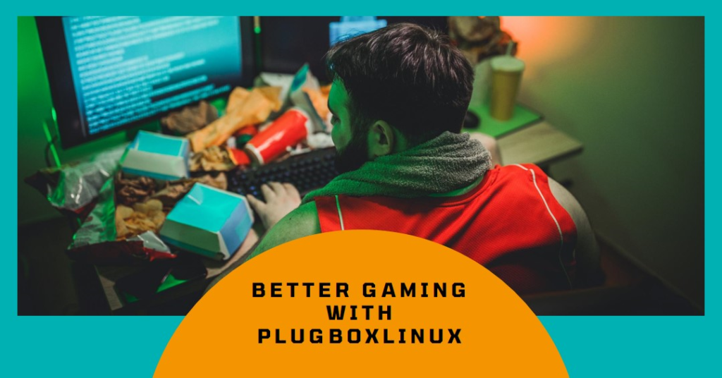 PlugboxLinux: The Linux Distro That Makes Windows Gaming Obsolete 6 A person sitting at a desk with multiple computer monitors, surrounded by fast food packaging, focused on coding. Text overlay states “BETTER GAMING WITH PLUGBOXLINUX.