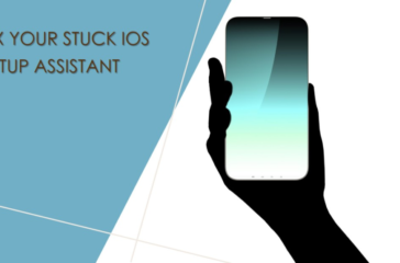 Hand holding smartphone with glowing screen, text: ‘FIX YOUR STUCK iOS SETUP ASSISTANT