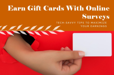 A hand emerging through a torn red paper holding a blank white gift card against an orange background with text “Earn Gift Cards With Online Surveys” and a subtitle “TECH-SAVVY TIPS TO MAXIMIZE YOUR EARNINGS.