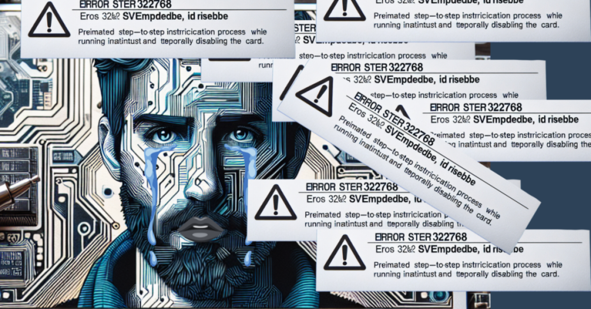 A digital artwork of a human face overlaid on a circuit board, with error messages scattered across the image.