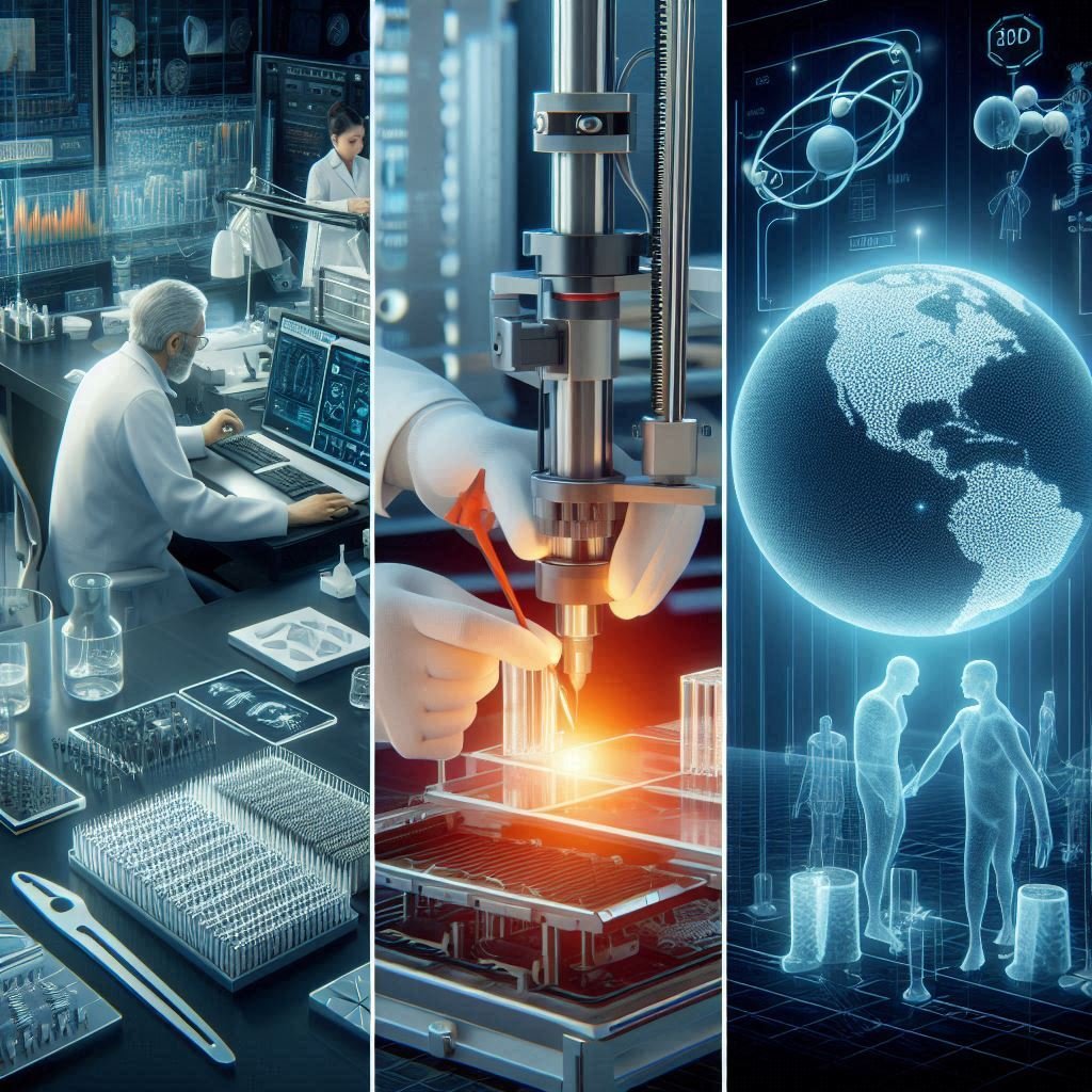 A collage representing key research areas for thermoelectric plastics: scientists improving material efficiency, a 3D printer creating components, and a globe highlighting sustainable practices.