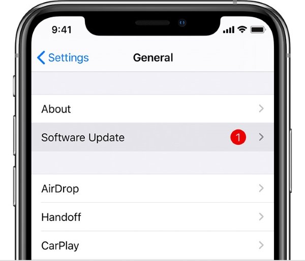 Screenshot of an iPhone’s ‘Settings’ menu displaying ‘General’ settings options. The visible options include ‘About’, ‘Software Update’ with a red notification badge indicating one update, ‘AirDrop’, ‘Handoff’, and ‘CarPlay’. Although the keyword ‘Cellular data’ is not visible in this image, it would typically be found in the same settings menu.” 📱🔍