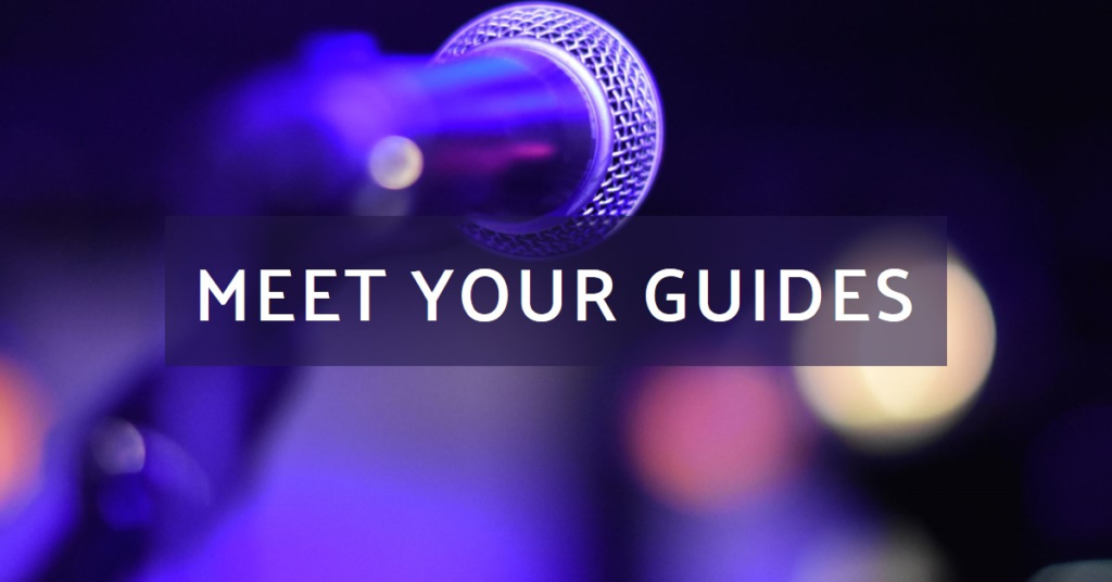 Close-up of a microphone with a blurred background featuring bokeh lights and the phrase “MEET YOUR GUIDES” overlaid in white, bold text.