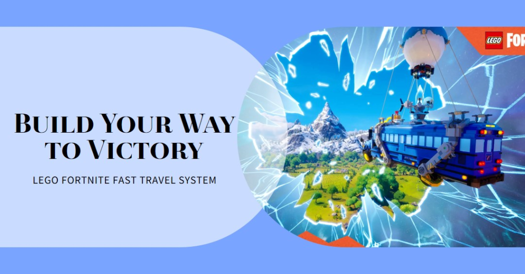 A digital rendering of a LEGO Fortnite Fast Travel System concept with a blue bus flying through a portal above a LEGO landscape featuring mountains and fields.