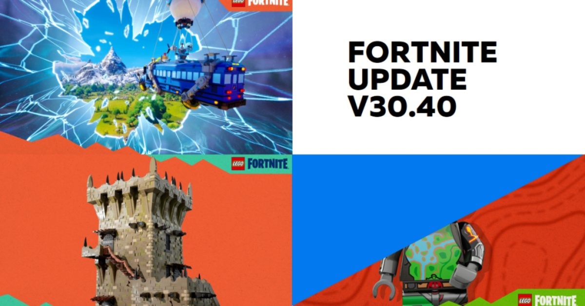 A promotional image for Fortnite Update v30.40 featuring a battle bus flying over an island, a medieval castle, and a character in green camouflage.