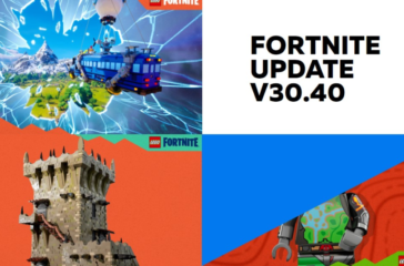 A promotional image for Fortnite Update v30.40 featuring a battle bus flying over an island, a medieval castle, and a character in green camouflage.