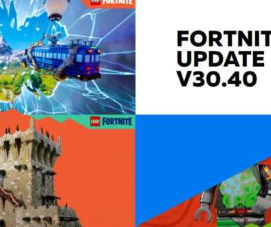 A promotional image for Fortnite Update v30.40 featuring a battle bus flying over an island, a medieval castle, and a character in green camouflage.