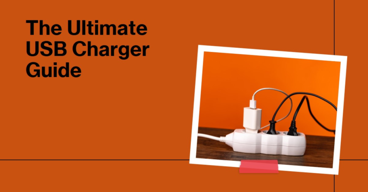 An array of USB chargers and cables plugged into a white extension cord on a wooden table against an orange background with text 'The Ultimate USB Charger Guide'.