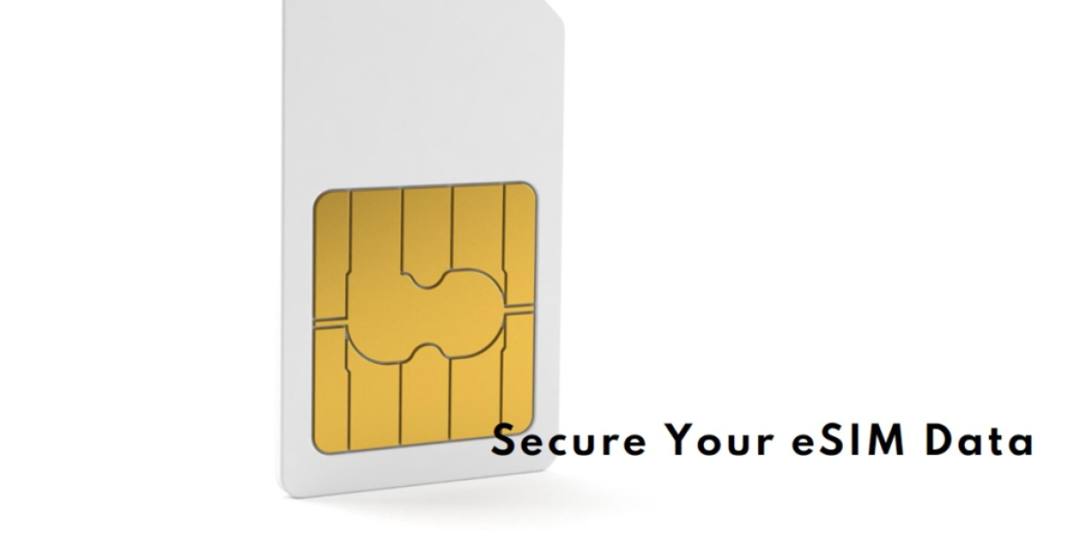 A graphic representation of a white eSIM card with a central gold chip, highlighting digital security.