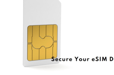 A graphic representation of a white eSIM card with a central gold chip, highlighting digital security.