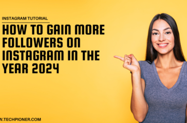 A woman pointing to a promotional text for an Instagram tutorial on gaining followers in 2024.