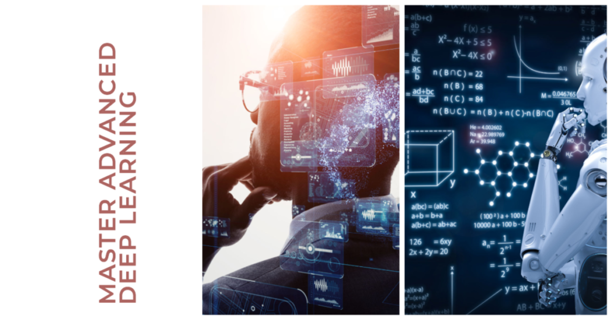 A person wearing glasses is deep in thought, looking at a complex neural network diagram. The diagram is surrounded by mathematical equations and code snippets related to deep learning with Python.