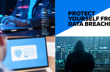 A collage of four images related to cybersecurity. The top left image shows a close-up of hands typing on a laptop with digital data overlay. The top right image features bold text stating “PROTECT YOURSELF FROM DATA BREACHES” against a dark background.