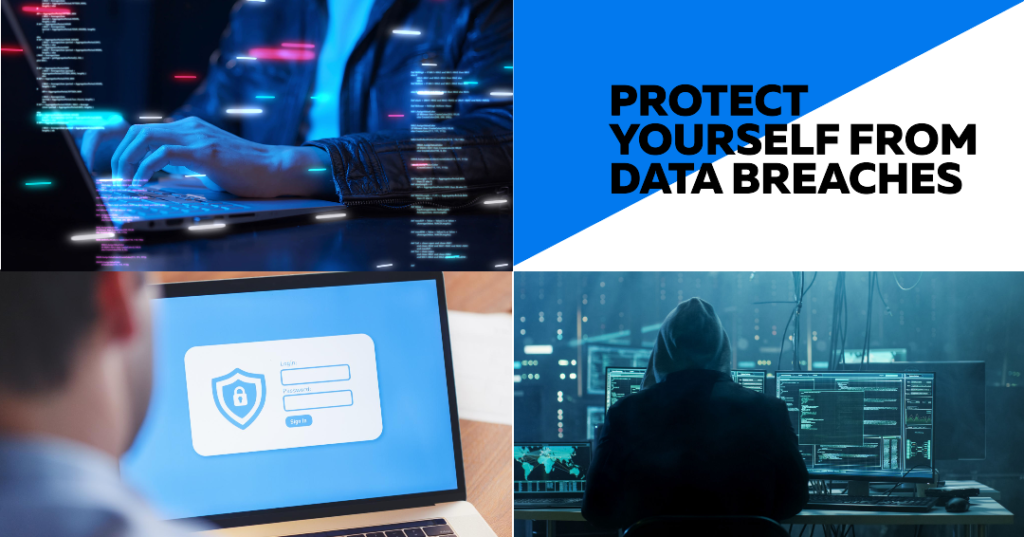 The Data Breach Threat: How to Stay Safe 9 A collage of four images related to cybersecurity. The top left image shows a close-up of hands typing on a laptop with digital data overlay. The top right image features bold text stating “PROTECT YOURSELF FROM DATA BREACHES” against a dark background.
