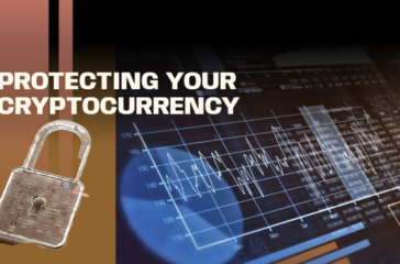 A graphic featuring a padlock with a digital overlay, next to the text “PROTECTING YOUR CRYPTOCURRENCY” over a background that includes a stock market graph and binary code.