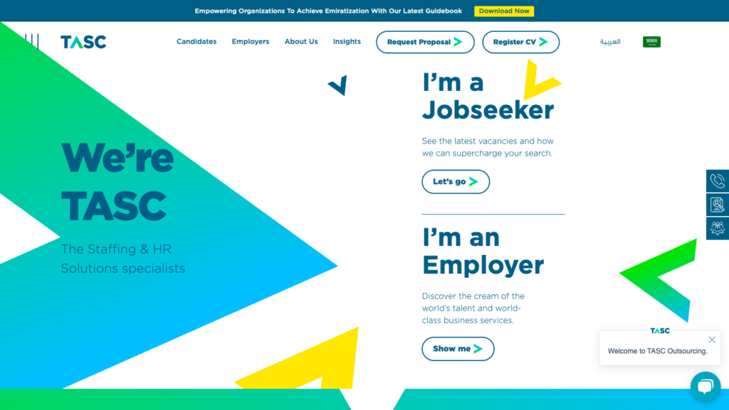 A screenshot of TASC Outsourcing’s homepage, highlighting services for job seekers and employers with a vibrant blue and green design.