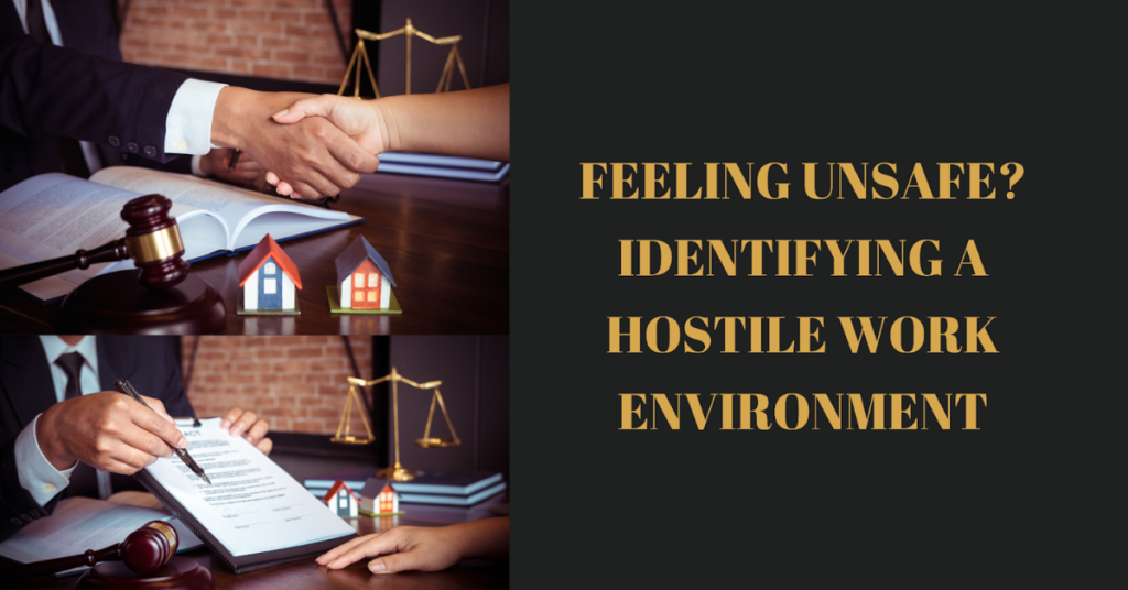 Feeling Unsafe? Identifying a Hostile Work Environment 3 Two individuals shaking hands in a legal office, with symbols of justice in the background and a message about identifying hostile work environments.