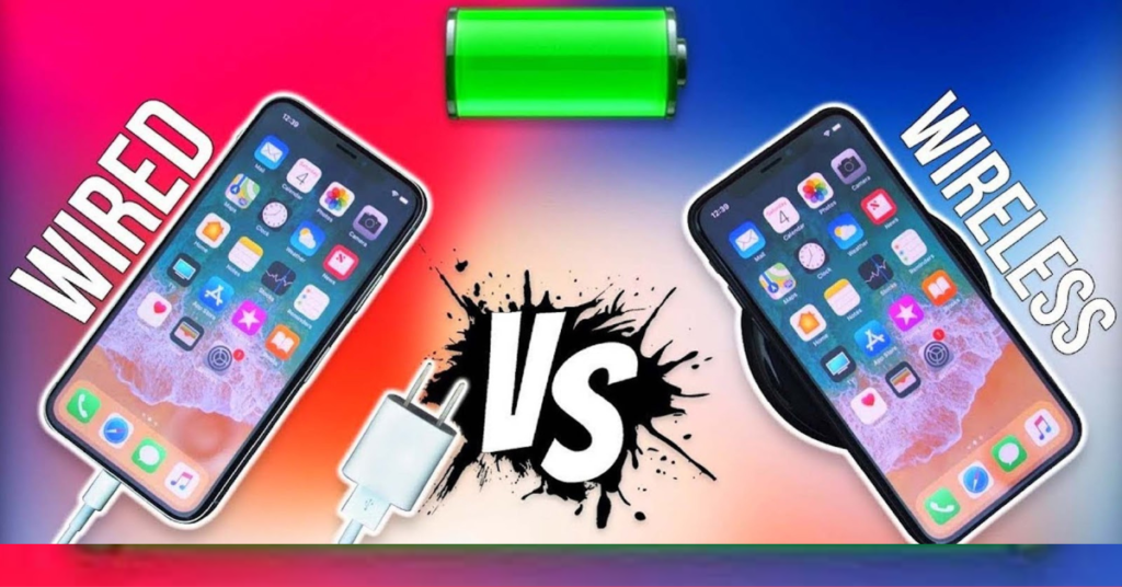 The Pros and Cons of 5V Wireless vs 5V Wired Charging 2 Graphic comparing wired vs wireless charging: On the left, an iPhone connected to a wired charger with the label 'WIRED' in bold red, and on the right, an iPhone on a wireless charging pad with the label 'WIRELESS' in bold blue, all against a vibrant pink and blue gradient background with a dynamic 'VS' in the center symbolized by an ink splash.