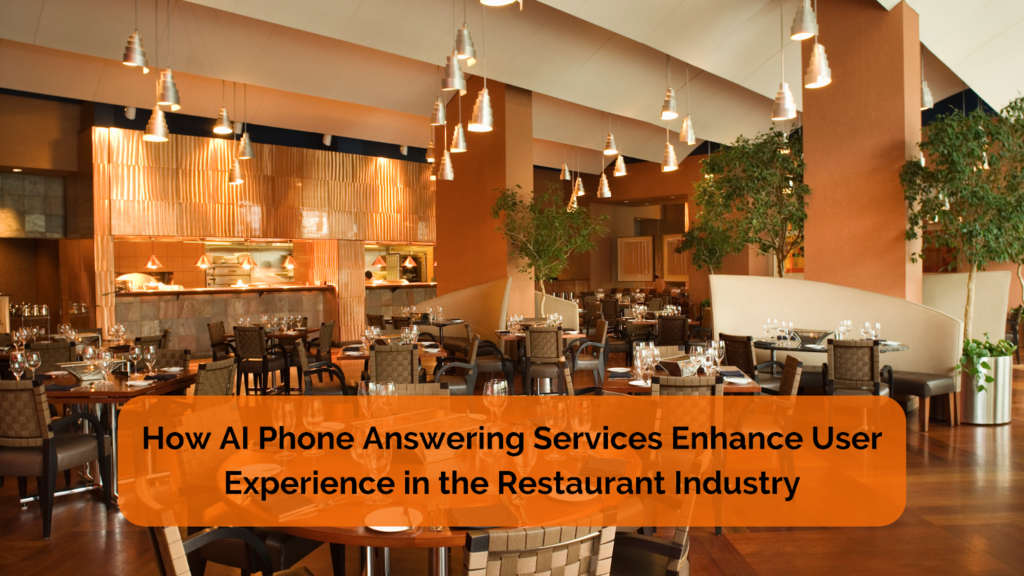 Interior of a spacious restaurant with modern decor, multiple dining tables set for service, pendant lighting fixtures, and a focus on AI Phone Answering technology.