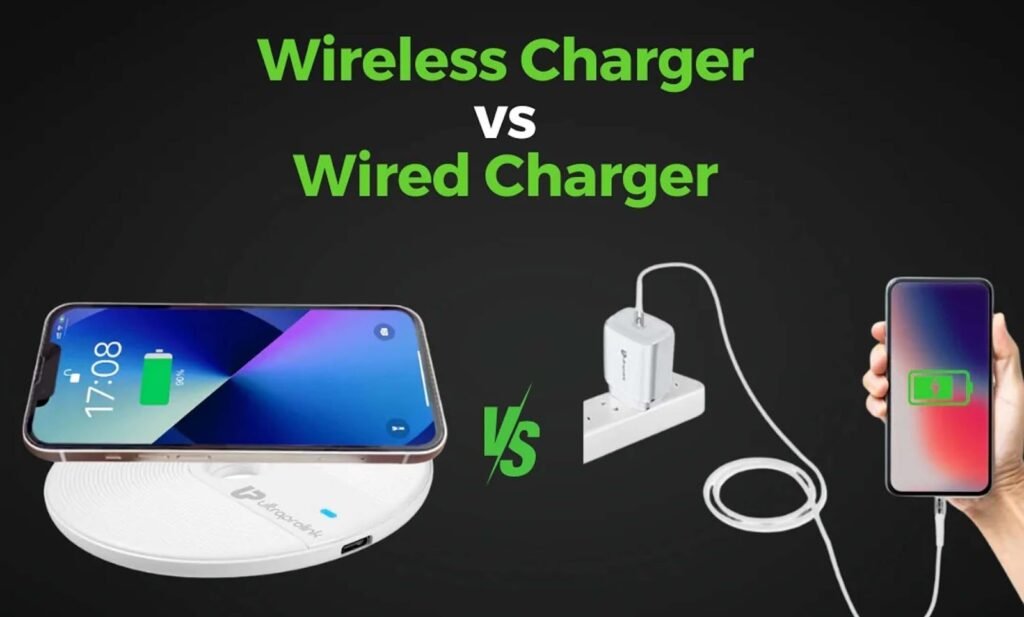 Image showing a side-by-side comparison of wireless and wired charging: a smartphone on a white wireless charging pad on the left and another smartphone connected to a wired charger on the right, both against a dark background with green text stating 'Wireless Charger vs Wired Charger.