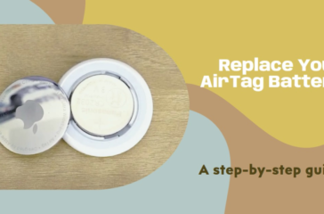 An image featuring an Apple AirTag opened to reveal its internal AirTag battery on a two-tone background with text instructions.