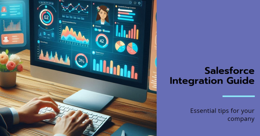 The Essential Guide to Implementing Salesforce Integrations for Your Company 8 A person’s hands typing on a keyboard with a computer screen in front displaying various colorful charts, graphs, and data analysis indicators related to Salesforce integration.
