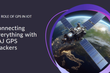 An image featuring a satellite in orbit above Earth with the text “THE ROLE OF GPS IN IOT Connecting Everything with PAJ GPS Trackers.