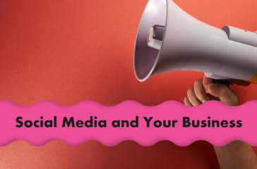 A hand holding a megaphone against a red background with the text “Social Media and Your Business” on a pink wavy banner.