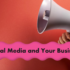 A hand holding a megaphone against a red background with the text “Social Media and Your Business” on a pink wavy banner.