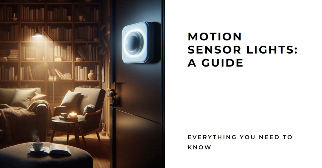 What are Motion Sensor Lights: A Detailed Guide 5 An illuminated motion sensor light on a wall in a cozy reading nook with two armchairs and a small table, surrounded by bookshelves in a dimly lit room.