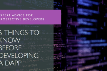 A digital image featuring the title ‘6 Things to Know Before Developing a DApp’ overlaid on a background of computer code, symbolizing the technical knowledge required for DApp development.