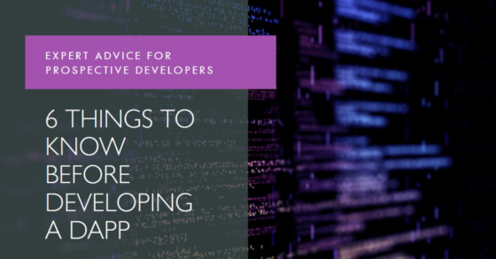 A digital image featuring the title ‘6 Things to Know Before Developing a DApp’ overlaid on a background of computer code, symbolizing the technical knowledge required for DApp development.