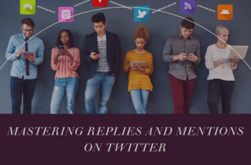 A group of six individuals standing side by side against a dark background, each holding a different digital device and with social media icons above their heads. The image has a title “MASTERING REPLIES AND MENTIONS ON TWITTER” in bold white letters at the bottom.