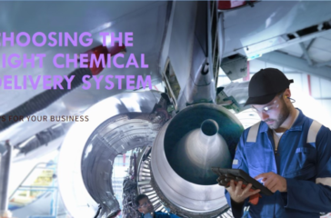 A worker with a pixelated face stands in front of an airplane engine, holding a tablet. Text overlay reads “CHOOSING THE RIGHT CHEMICAL DELIVERY SYSTEM” and “TIPS FOR YOUR BUSINESS.”