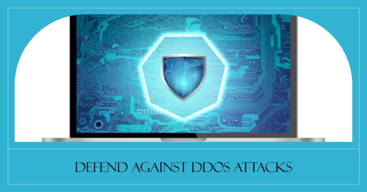 An illustration of a computer monitor displaying a vibrant blue circuit board with a prominent shield symbol in the center, accompanied by the text “DEFEND AGAINST DDOS ATTACKS” at the bottom.