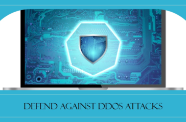 An illustration of a computer monitor displaying a vibrant blue circuit board with a prominent shield symbol in the center, accompanied by the text “DEFEND AGAINST DDOS ATTACKS” at the bottom.