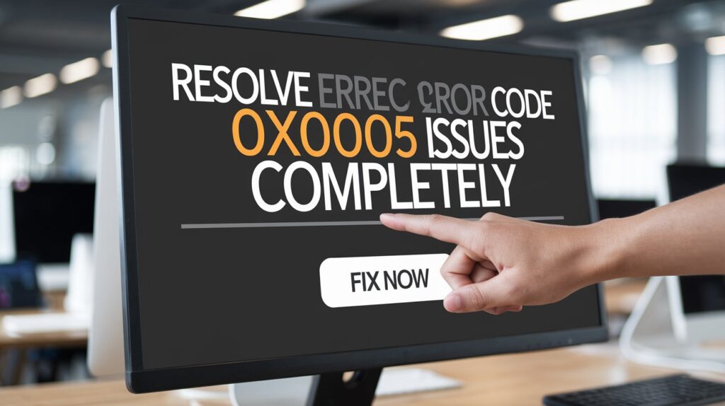 A person's hand is hovering over a computer screen with the text "RESOLVE ERROR CODE 0X0005 ISSUES COMPLETELY" and a button labeled "FIX NOW."