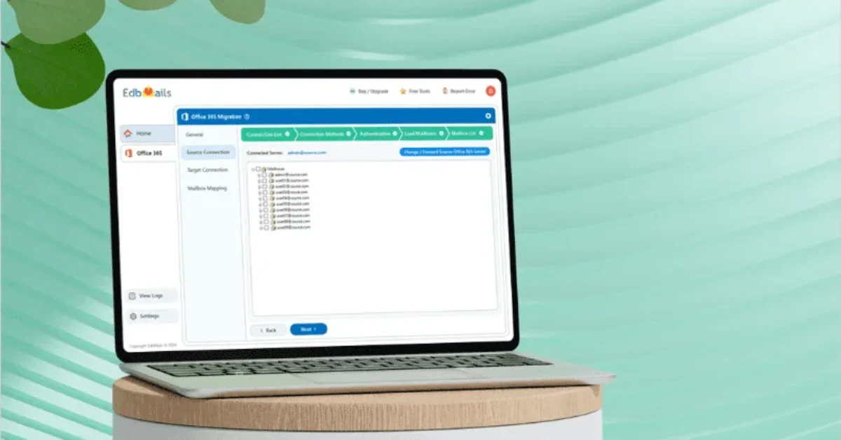 A laptop screen displaying the EdbMails Office 365 migration software interface.
