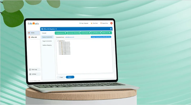 EdbMails Office 365 migration software: review and rating. 2 A laptop screen displaying the EdbMails Office 365 migration software interface.