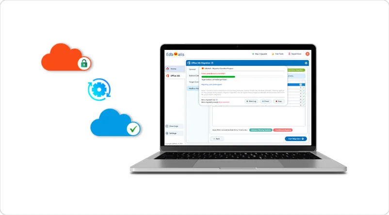 A laptop screen displaying EdbMails software interface for Office 365 migration with icons representing security settings and successful transfer around it