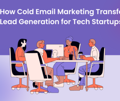 A digital illustration depicting four individuals seated around a table in an office setting, discussing over documents with a computer monitor in the background. The image is titled “How Cold Email Marketing Transforms Lead Generation for Tech Startups.