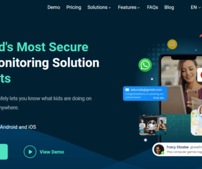 A screenshot of the homepage for “Masfely,” advertising itself as “The World’s Most Secure Phone Monitoring Solution for Parents.” The webpage features a large banner with a headline, subtext, and two call-to-action buttons labeled “Sign Up Free” and “View Demo.” On the right side, there is an image of a smartphone displaying text messages, with an illustration of a cartoon character labeled ‘Andrew (male)’ peeking from behind it.